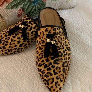 Animal Print Mules with Black Suede Tassels 9M